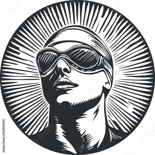Monochrome stylized vector portrait of a confident woman wearing goggles and headwear inside a circular frame