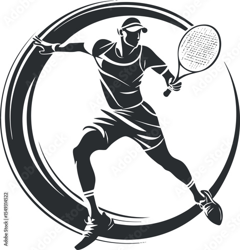 Black and white vector illustration of a tennis player in action swinging a racket inside a circular design.