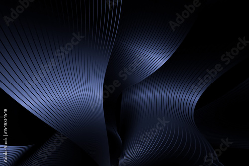 Abstract deep dark blue and black background featuring elegant curved striped metallic surfaces, creating a shadowy dimensional fluid flow