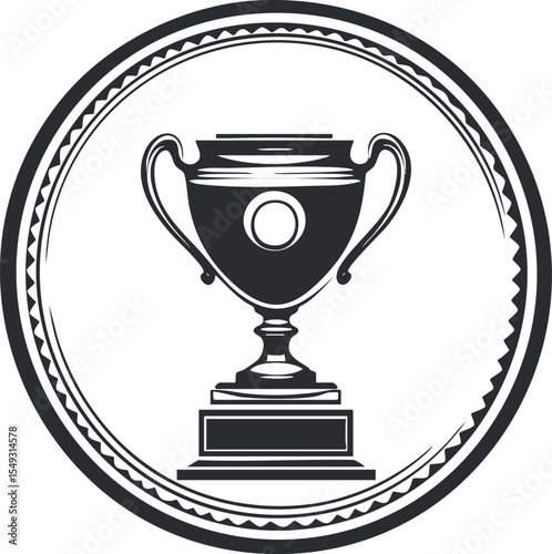 Black and white trophy cup icon inside circular decorative frame symbolizing achievement and victory