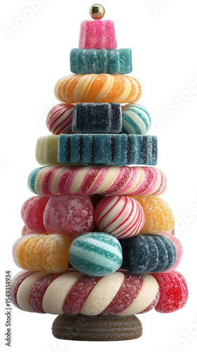 Christmas tree sculpture made from colorful assorted candies peppermint drops ribbon candy and confections arranged in decorative tiers with golden ornament topper, transparent background, png.