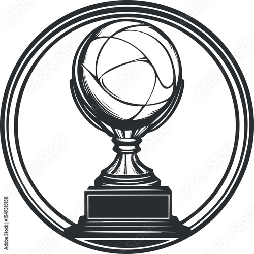 Black and white illustration of a basketball trophy cup inside a circular emblem symbolizing sports achievement and victory