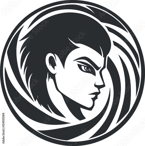 Stylized black and white vector portrait of a woman's face in profile within a circular frame