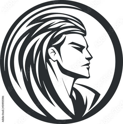 Stylized black and white profile illustration of a male with long flowing hair inside a circular frame