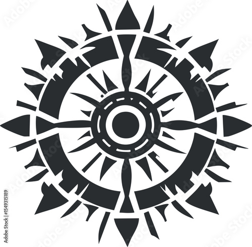 Black compass symbol with arrows and circular shapes representing navigation and direction
