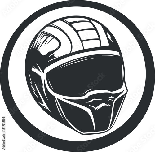 Black and white motorcycle helmet icon in a circle symbolizing protective headgear for riders and safety equipment.