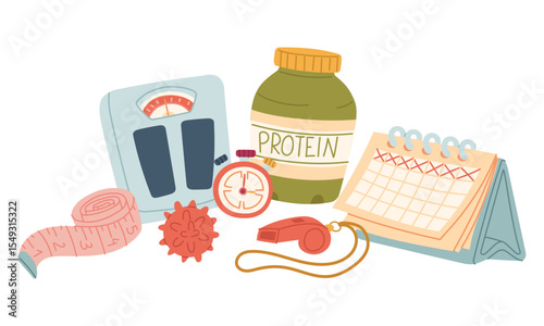 Group of fitness items. Calendar, centimeter, whistle, protein, scale, massage ball. Flat color illustration of sports theme. For sportswear, apps, packaging, and blogs, active lifestyle, workouts