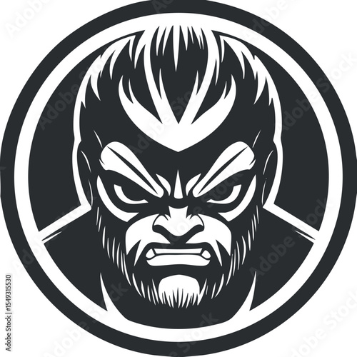 Black and white fierce male face illustration with beard and intense expression inside a circular frame