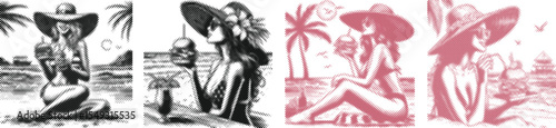 Tropical woman eating burger on beach vector bundle, red and black color halftone stipple dotted effect design, summer holiday snack scene, retro pop art style illustration set
