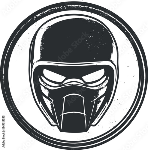 Black and white stylized motorcycle helmet with mask and visor in a circular grunge frame