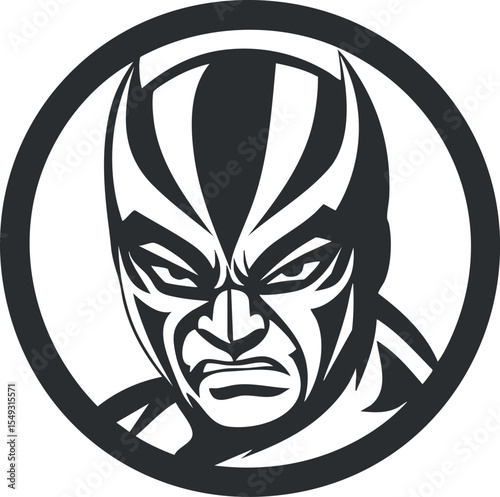 Black and white stylized illustration of a masked superhero face in a circular frame