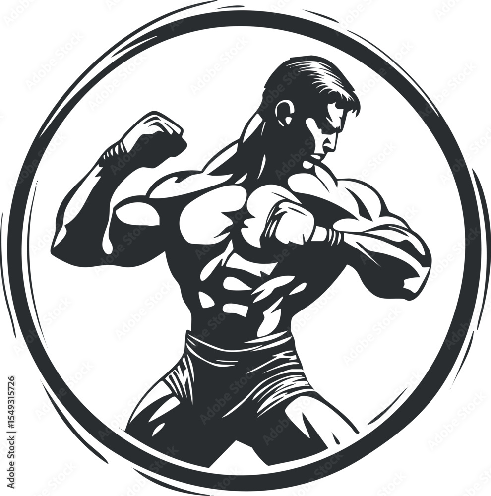 Black and white illustration of a muscular male bodybuilder flexing muscles inside a circular frame