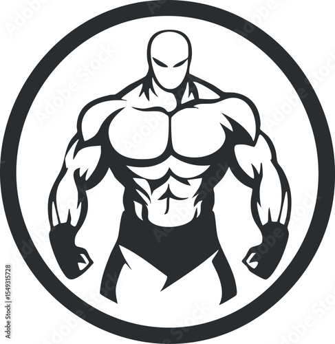 Black and white illustration of a muscular masked male superhero figure with defined muscles and clenched fists
