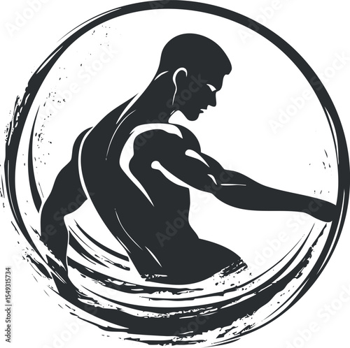 Stylized black and white silhouette of a muscular man in a dynamic pose within a circular brushstroke design