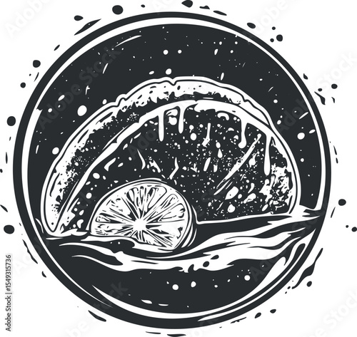 Black and white graphic illustration of a lime and lemon slice splashing in water with circular border