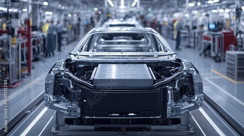 Factory EV Assembly Line, Car Chassis, Workers, Production