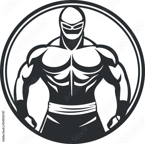 Black and white illustration of a muscular masked wrestler standing confidently inside a circle emblem.