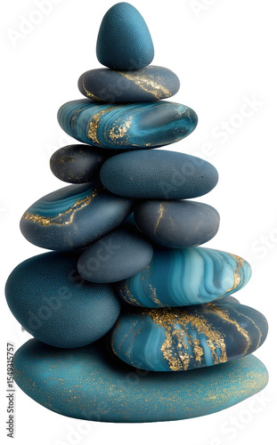Stack of cobalt blue and teal pebbles in Christmas tree shape with gold flecks on transparent background.