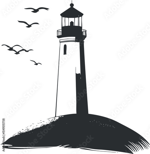 Black and white silhouette of a lighthouse on a hill with seabirds flying in the sky