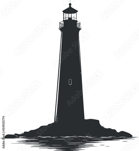 Black silhouette of a tall lighthouse standing on rocky coast with water reflection, symbolizing maritime navigation and safety.