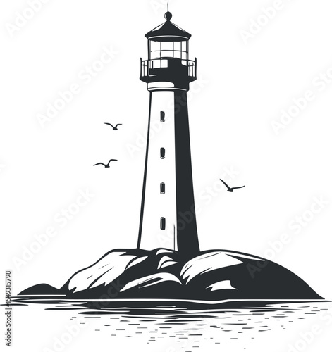 Black and white illustration of a lighthouse standing on rocks by the sea with birds flying nearby.