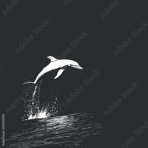 Black and white illustration of a dolphin jumping out of the ocean water with splash detail
