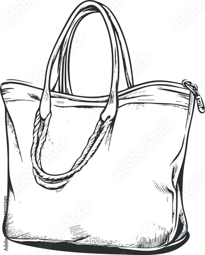Black and white sketch of a stylish tote bag with zipper and handles for fashion and daily use