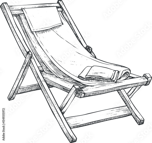 Hand drawn sketch of a wooden deckchair with canvas fabric and a folded blanket for outdoor relaxation seating
