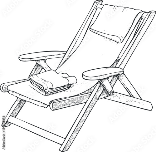 Black and white line art illustration of a wooden deckchair with fabric seat, pillow, and folded towel for outdoor relaxation.