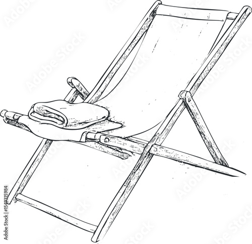 Black and white hand drawn sketch of a wooden folding deckchair with canvas seat and folded towel placed on it