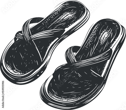 Black and white illustration of a pair of casual sandals with crossed straps, ideal for summer and beach wear.