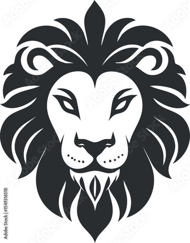 Black and white stylized lion head illustration with detailed flowing mane and fierce expression