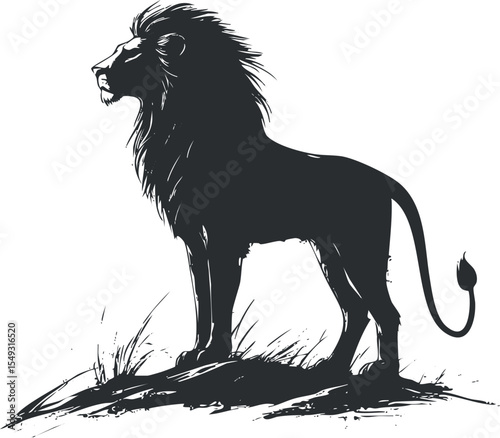 Black silhouette of a majestic lion standing on a rock with grass, symbolizing wildlife power.