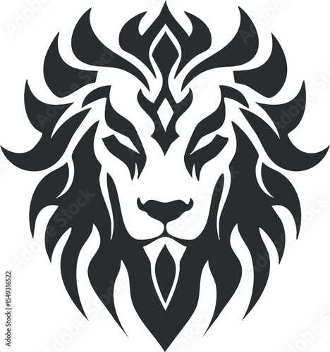 Stylized black and white lion head illustration with tribal design elements and fierce expression