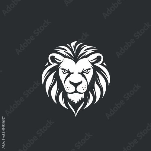 Black and white stylized illustration of a fierce lion head with prominent mane on dark background