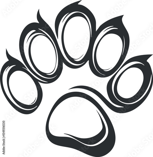 Black and white stylized animal paw print with claws isolated on white background