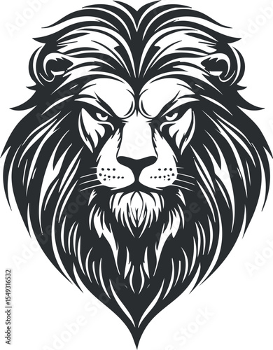 Black and white stylized lion head illustration with fierce expression and detailed mane