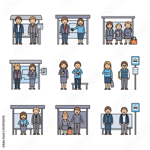 Diverse People Waiting at Bus Stops A Colorful Illustration Set
