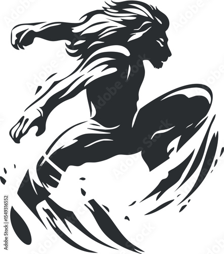 Silhouette of a muscular human figure jumping dynamically in an energetic and powerful pose.