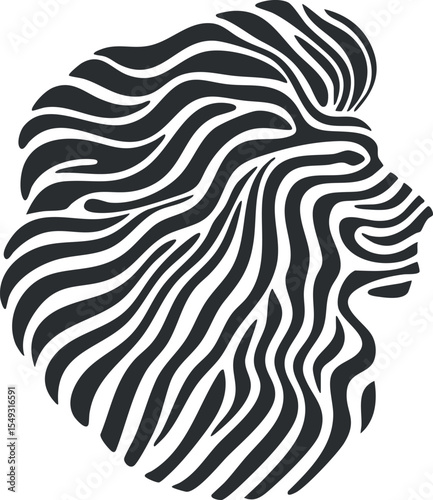 Stylized black and white lion profile with flowing mane in an abstract striped design