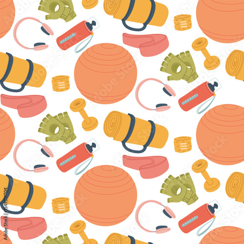 Pattern with fitness items. Ball, headphones, water bottle, gloves, mat roll, dumbbells, bandage. Flat color illustration in a seamless texture. For posters, sportswear, apps, packaging, and blogs
