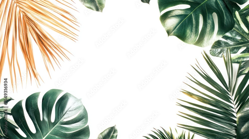 Naklejka premium Tropical leaves frame, white background, mockup, design