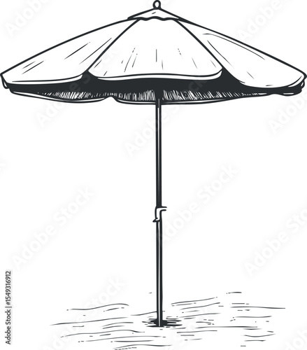 Black and white hand-drawn illustration of a beach umbrella providing shade on sand