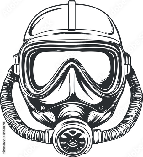 Black and white detailed illustration of a gas mask with helmet and dual breathing tubes for hazardous protection