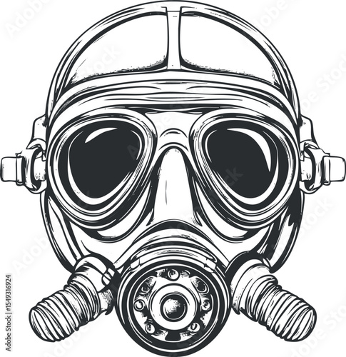 Black and white vector illustration of a gas mask with helmet and filters for respiratory protection