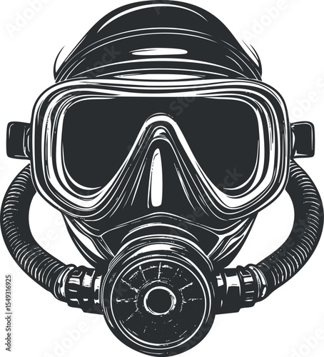 Black and white vector illustration of a scuba diving mask with breathing tube and goggles