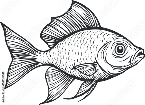 Black and white detailed illustration of a fish with fins and scales in a sketch style