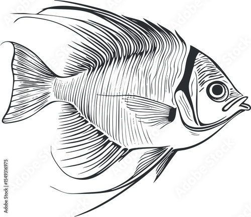 Black and white detailed vector illustration of a tropical angelfish swimming in water