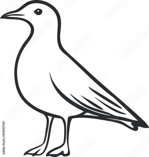 Simple black and white line drawing of a seagull standing in profile with clear outline and minimal detail