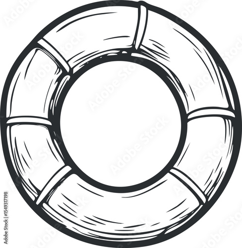 Black and white hand drawn lifebuoy illustration symbolizing water safety and emergency rescue equipment